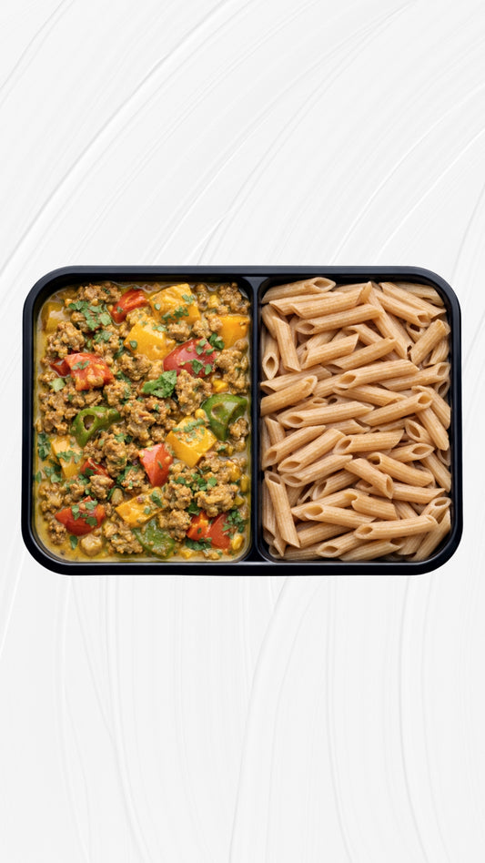 Le Plat au Bœuf -  Haché Curry, Pâtes complètes & Légumes. 🐂